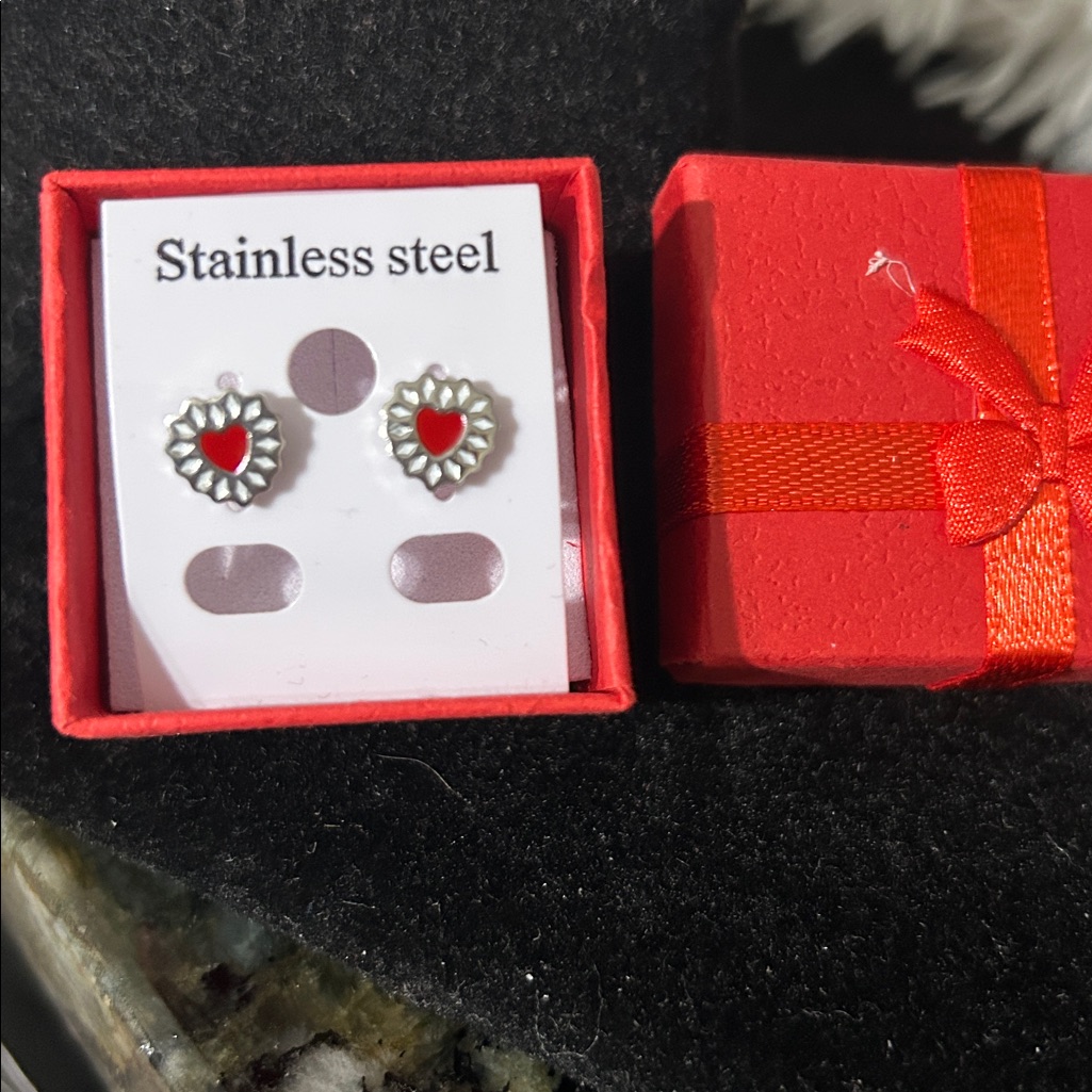 Stainless Steel Heart Earrings With Red Accent